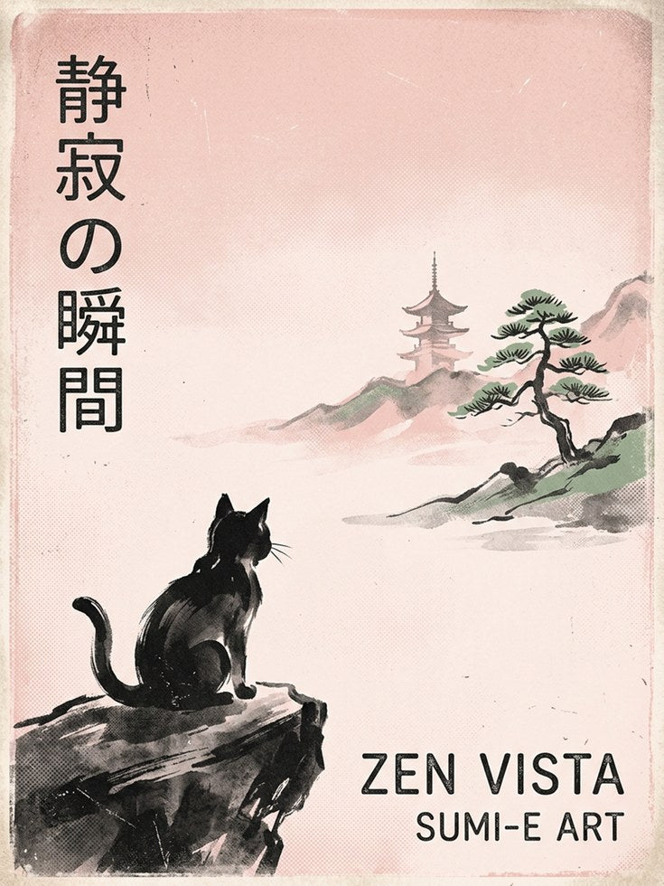 Japanese Cat Sumi-e Print: Zen Landscape with Pagoda Art - artwork on paper