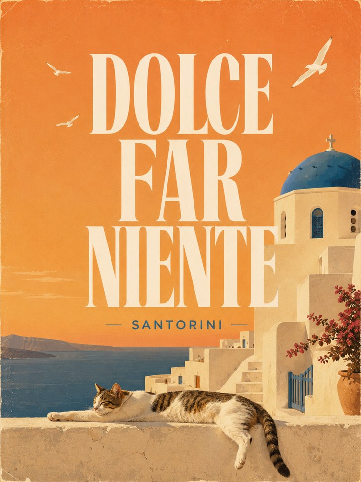 Santorini Travel Poster: Vintage Greek Island With Blue Dome - artwork on paper