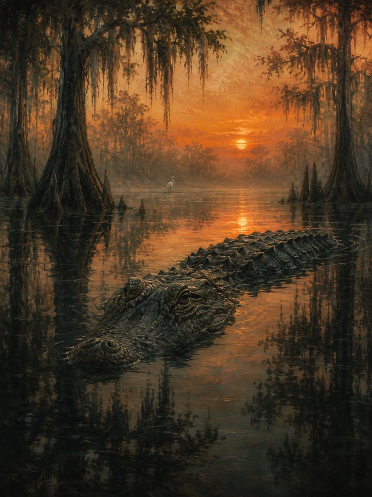 Swamp Sunset Wall Art – Cypress Tree Print - artwork on paper