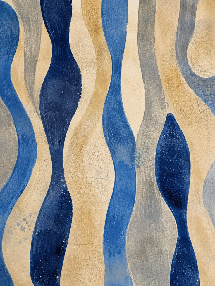 Abstract Waves Art Print: Blue and Gold Flowing Pattern - artwork on paper