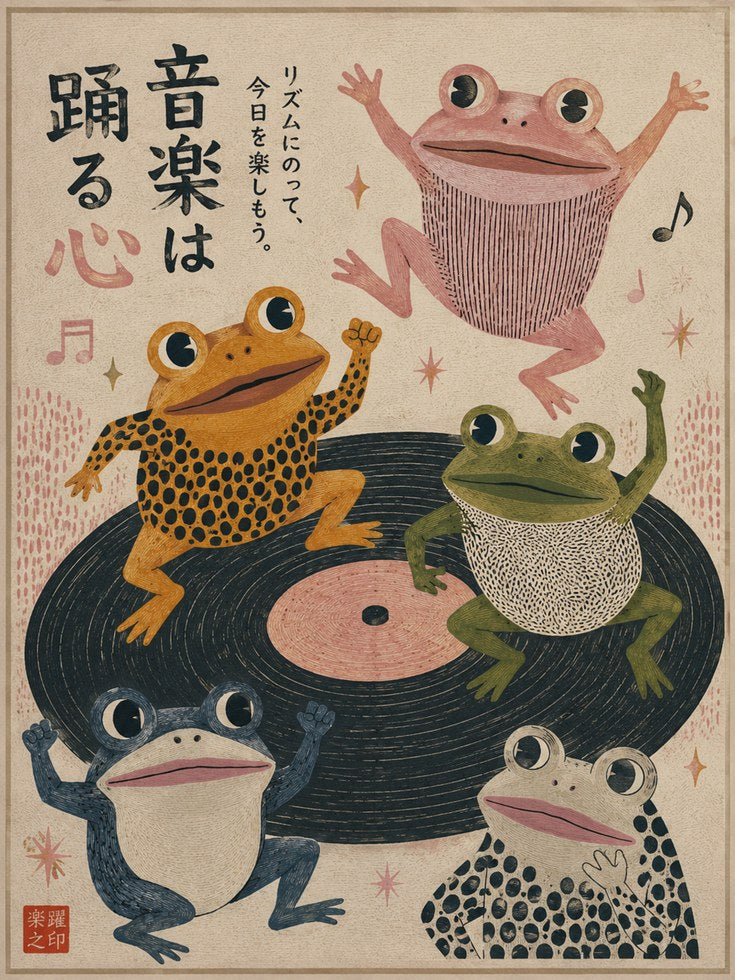 Japanese Frog Music Art – Retro Animal Print - artwork on paper