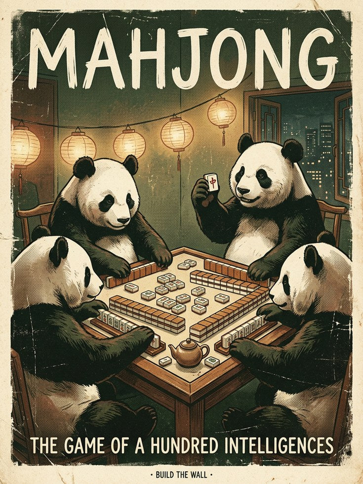 Mahjong Pandas Vintage Poster: Retro Game Room Wall Art - artwork on paper