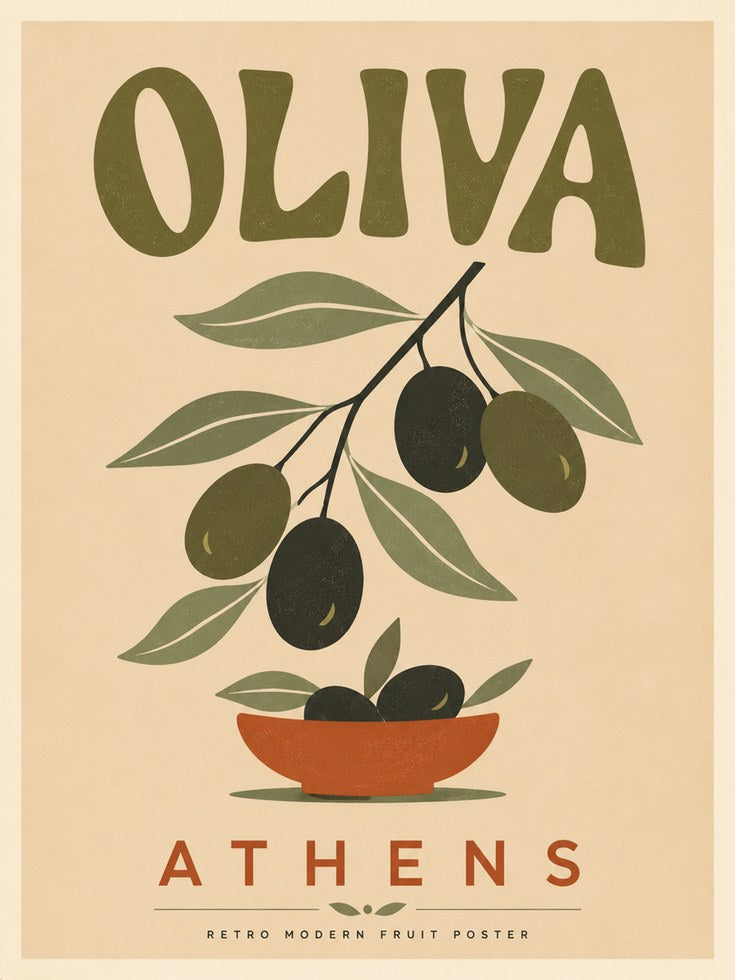 Olive Branch Print: Retro Greek Wall Art (Mid-Century Botanical Style) - artwork on paper