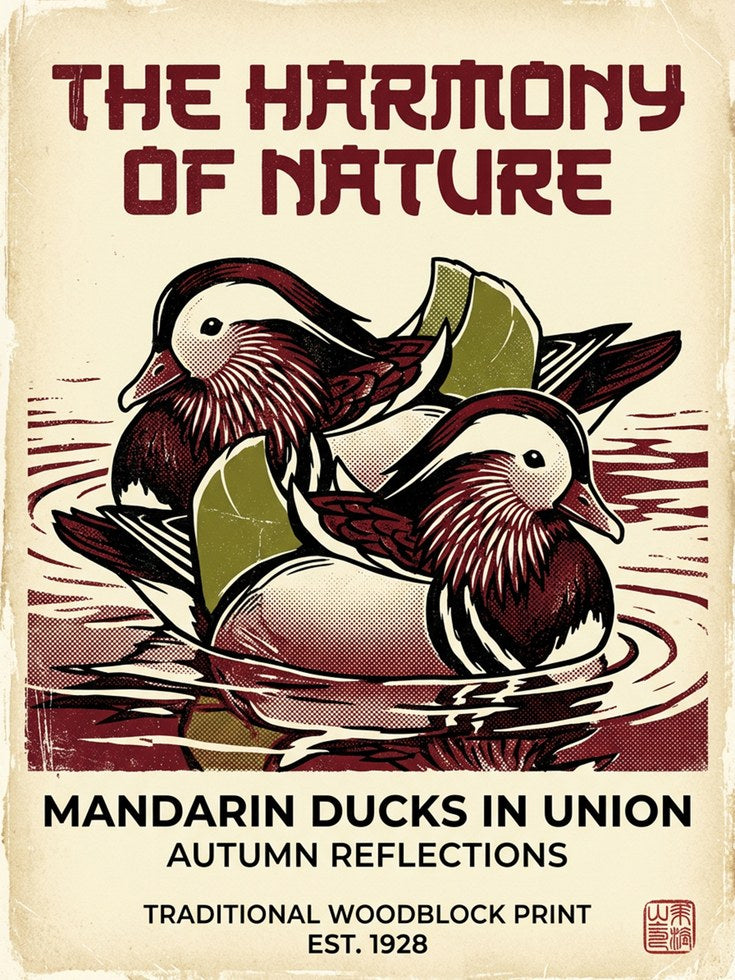 Mandarin Ducks Print: Traditional Woodblock Nature Poster - artwork on paper