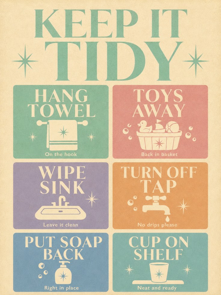 Retro Bathroom Rules Print: Kids Wall Art with Fun Reminders - artwork on paper