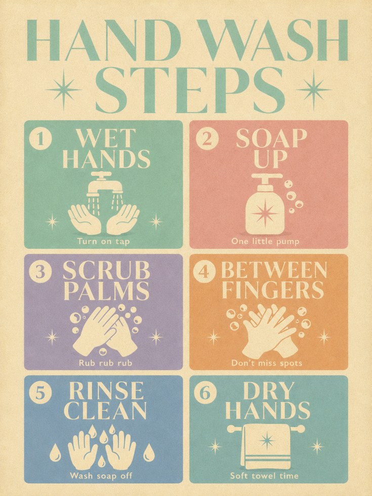 Retro Hand Washing Steps Print: Kids Bathroom Wall Art - artwork on paper