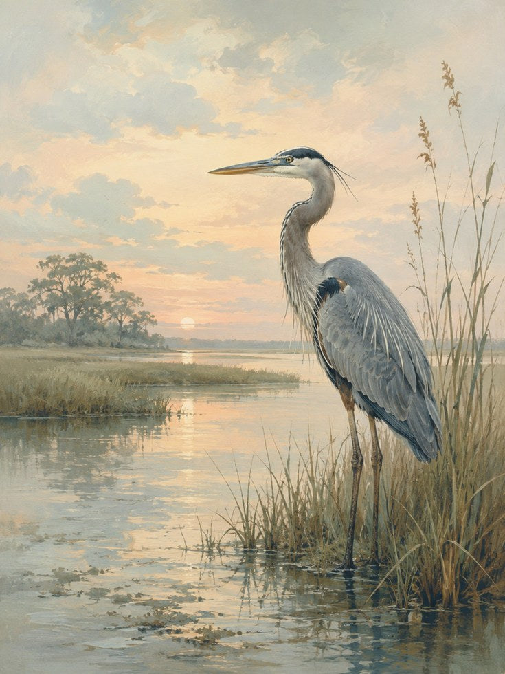 Blue Heron Wetland Bird Print - artwork on paper