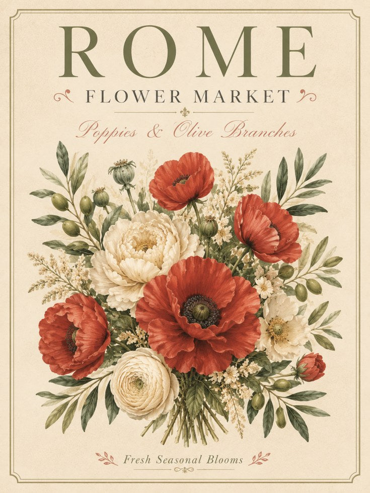 Vintage Botanical Print — Rome Flower Market Poppies & Olive Branches - artwork on paper