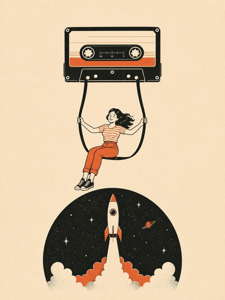 Cassette Tape Wall Art: Nostalgic 80s Music & Rocket Design - artwork on paper