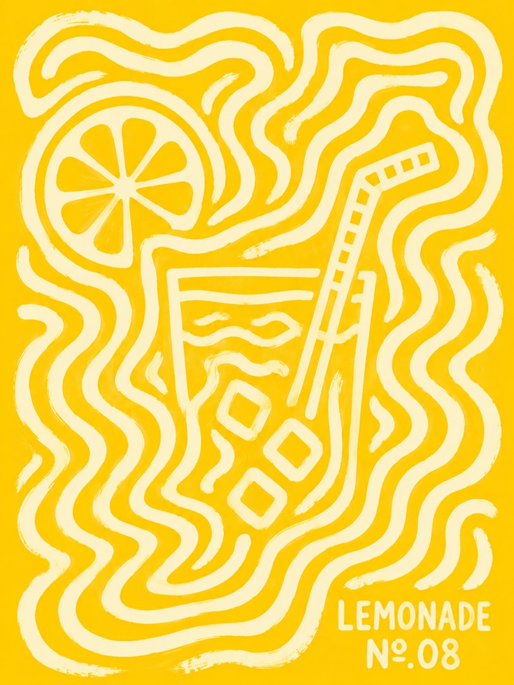 Retro Lemonade Poster: Yellow Psychedelic Line Art Print - artwork on paper