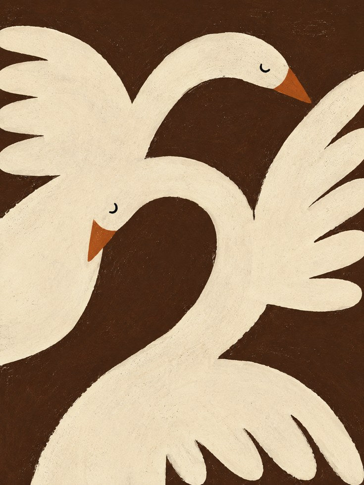 Geometric Swans Art Print: Minimalist Brown and Cream Birds - artwork on paper