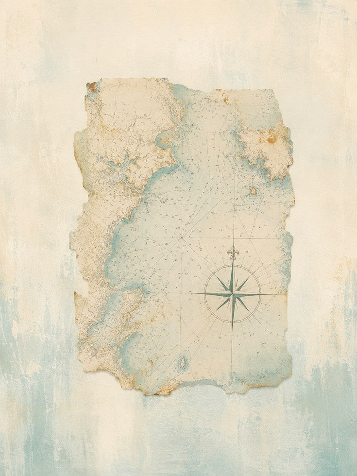Vintage Nautical Map Wall Art: Weathered Compass Rose Print - artwork on paper