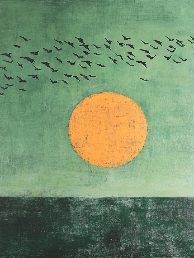 Birds in Flight Wall Art: Minimalist Nature Print (Green and Orange) - artwork on paper
