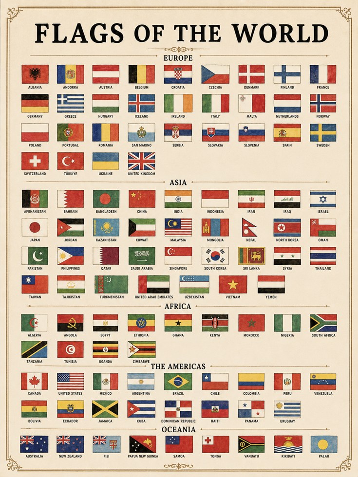 Flags of the World Art Print: Vintage Educational Chart Poster - artwork on paper
