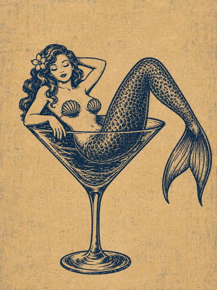 Mermaid Cocktail Glass Print - artwork on paper
