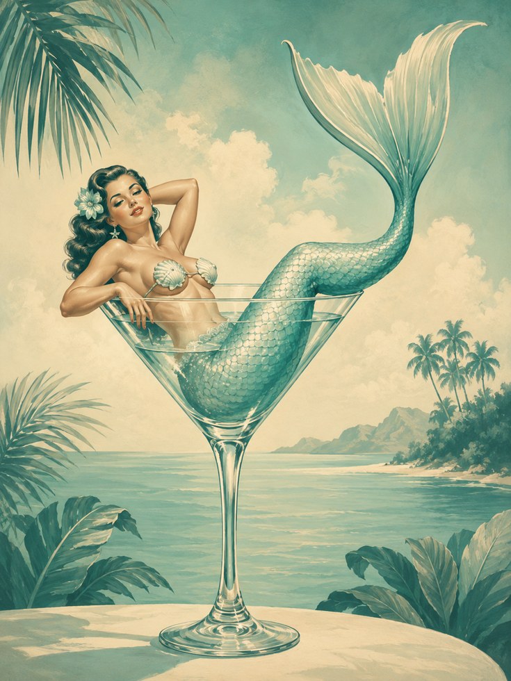 Mermaid Cocktail Art Print: Vintage Tropical Pin-Up Poster - artwork on paper