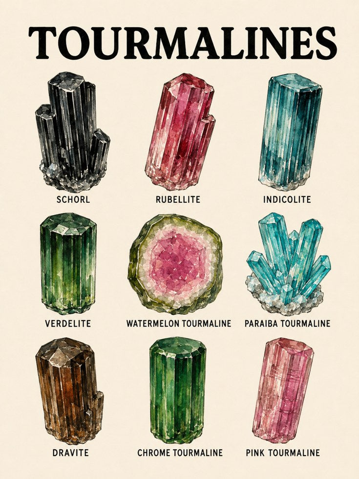 Tourmaline Gemstone Chart Art Print: Vintage Mineral Illustration - artwork on paper