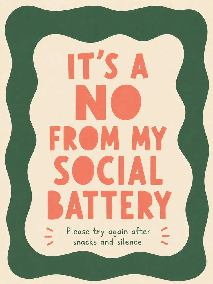 Funny Introvert Wall Art Print: Social Battery Quote in Coral & Green - artwork on paper