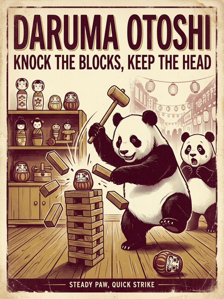 Panda Playing Jenga Poster: Retro Japanese Game Room Art - artwork on paper