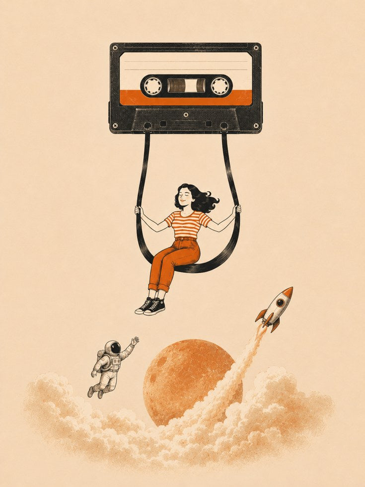 Cassette Tape Swing Art Print: Retro Music and Space Illustration - artwork on paper