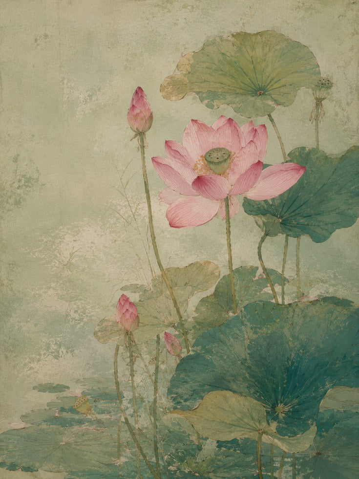 Pink Lotus Botanical Print: Vintage Asian Watercolor Art - artwork on paper