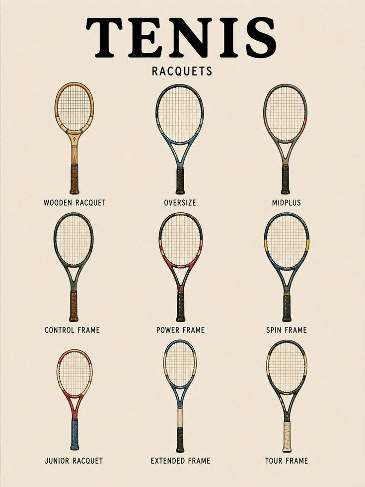 Tennis Racquets Chart Print — Vintage Sports Illustration - artwork on paper