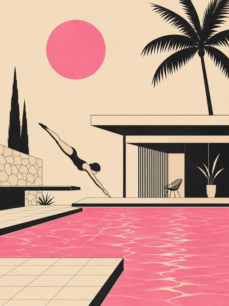 Mid-Century Modern Pool House Art Print: Pink Palm Tree Retro Scene - artwork on paper