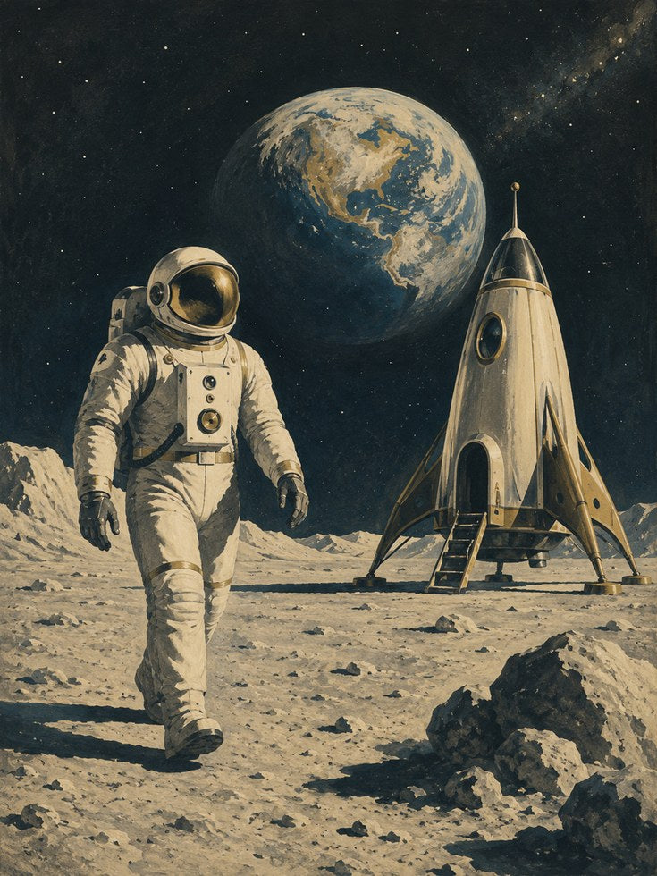Vintage Space Exploration Poster: Astronaut on the Moon - artwork on paper