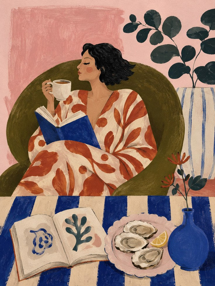 Woman Reading Wall Art – Coffee and Book Print - artwork on paper