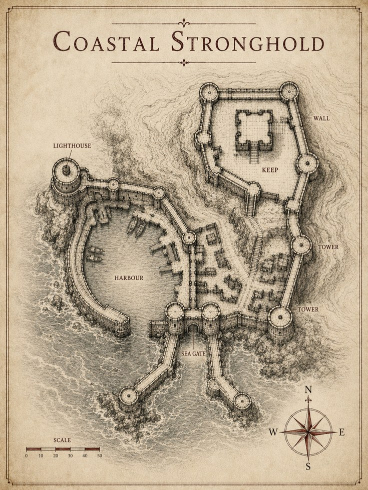 Coastal Stronghold Map Art Print: Medieval Fantasy Fortress - artwork on paper