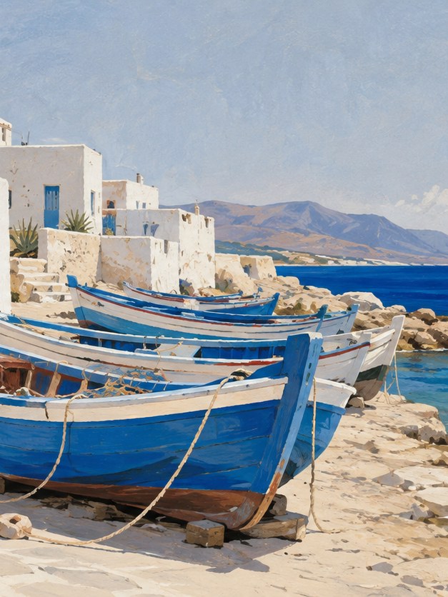 Mediterranean Fishing Boats Art Print: Coastal Village Scene - artwork on paper