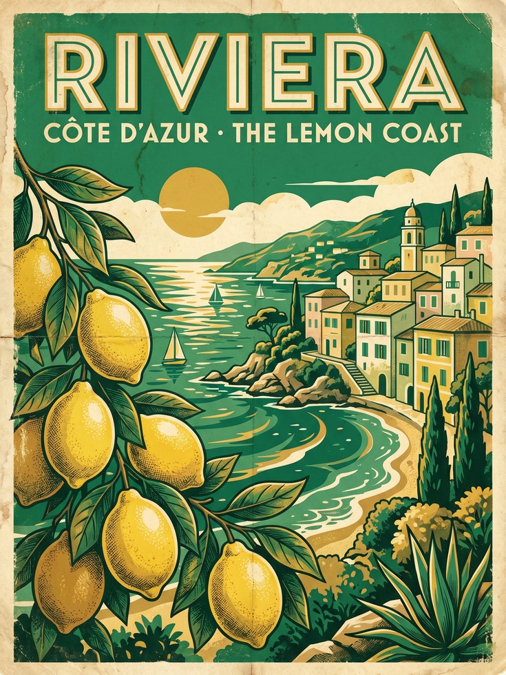 Vintage Riviera Travel Poster — Retro Côte d'Azur Lemon Coast - artwork on paper