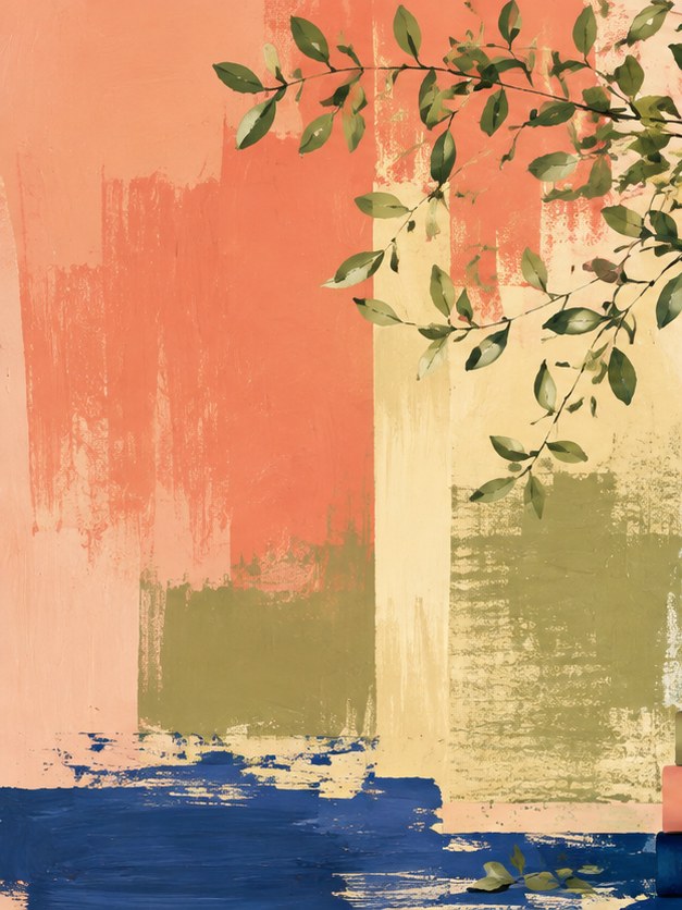 Botanical Branch Wall Art: Abstract Coral and Blue Brushstroke Print - artwork on paper