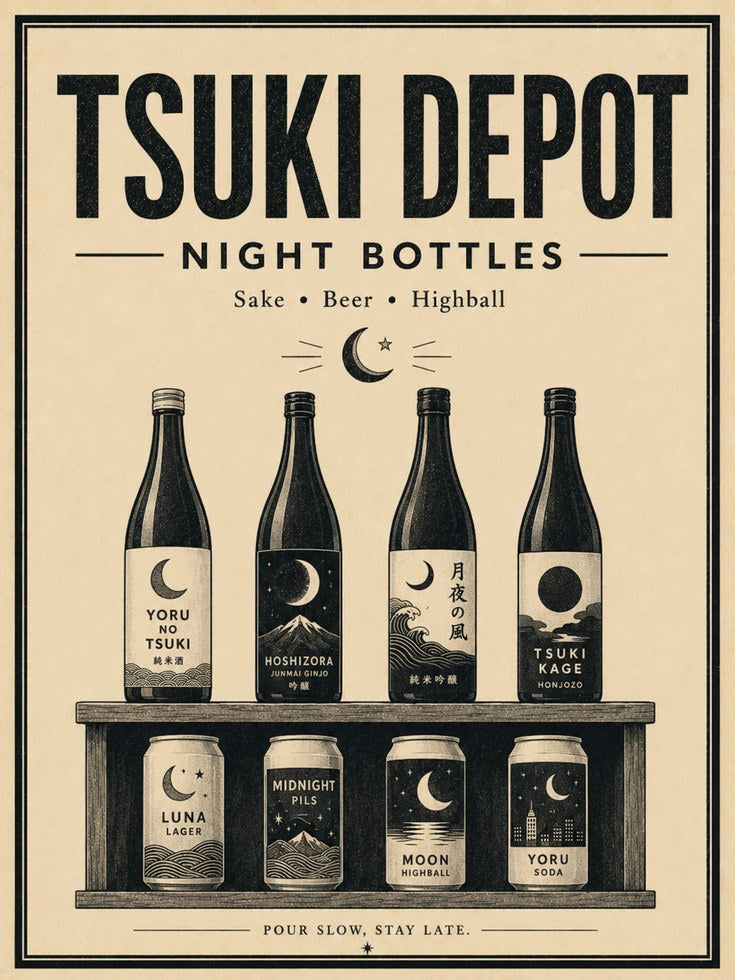Tsuki Depot Japanese Beer Poster: Vintage Beverage Art Print - artwork on paper