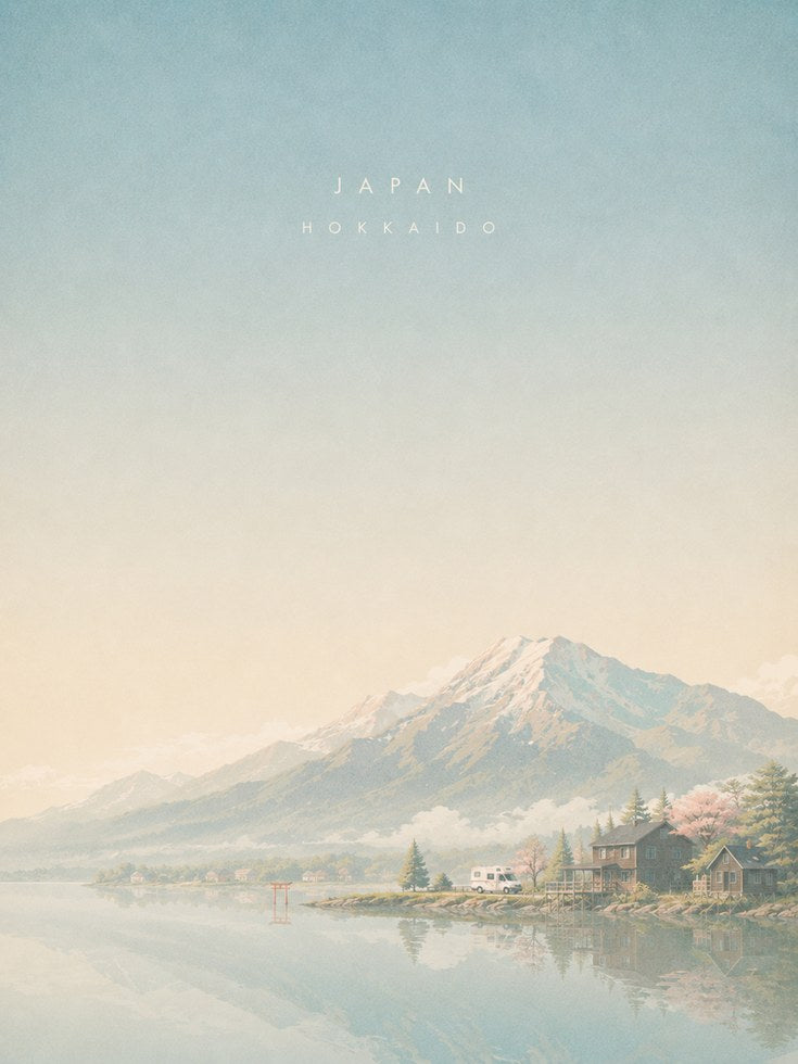 Hokkaido Mountain Lake Poster: Pastel Japanese Landscape Art - artwork on paper
