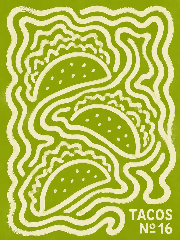 Retro Tacos Poster: Psychedelic Green Kitchen Wall Art - artwork on paper