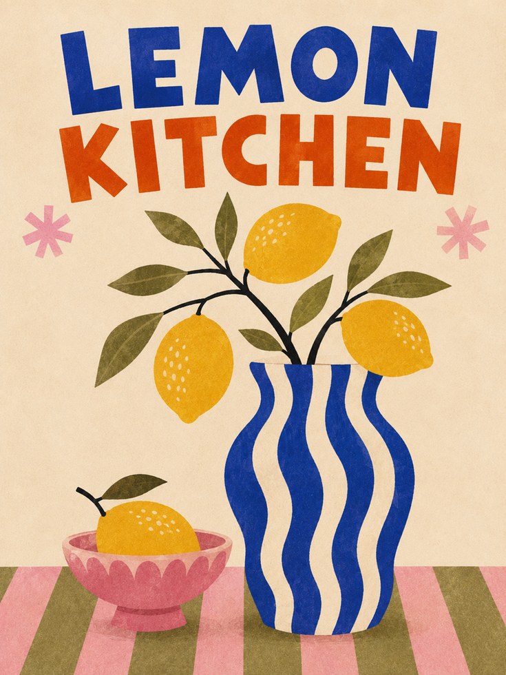 Lemon Kitchen Wall Art: Mid-Century Modern Retro Still Life - artwork on paper