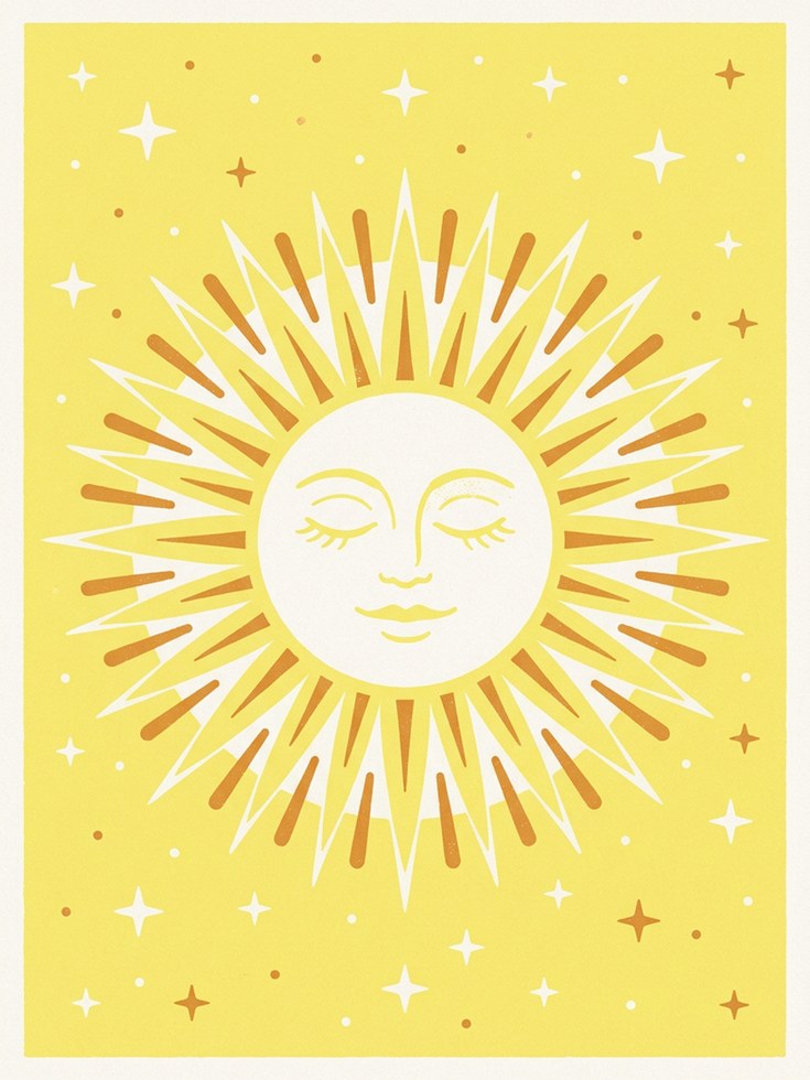 Celestial Sun Face Art Print: Mid-Century Modern Yellow Design - artwork on paper