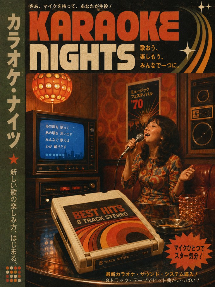 Retro Karaoke Poster – Vintage Japanese Music Art - artwork on paper