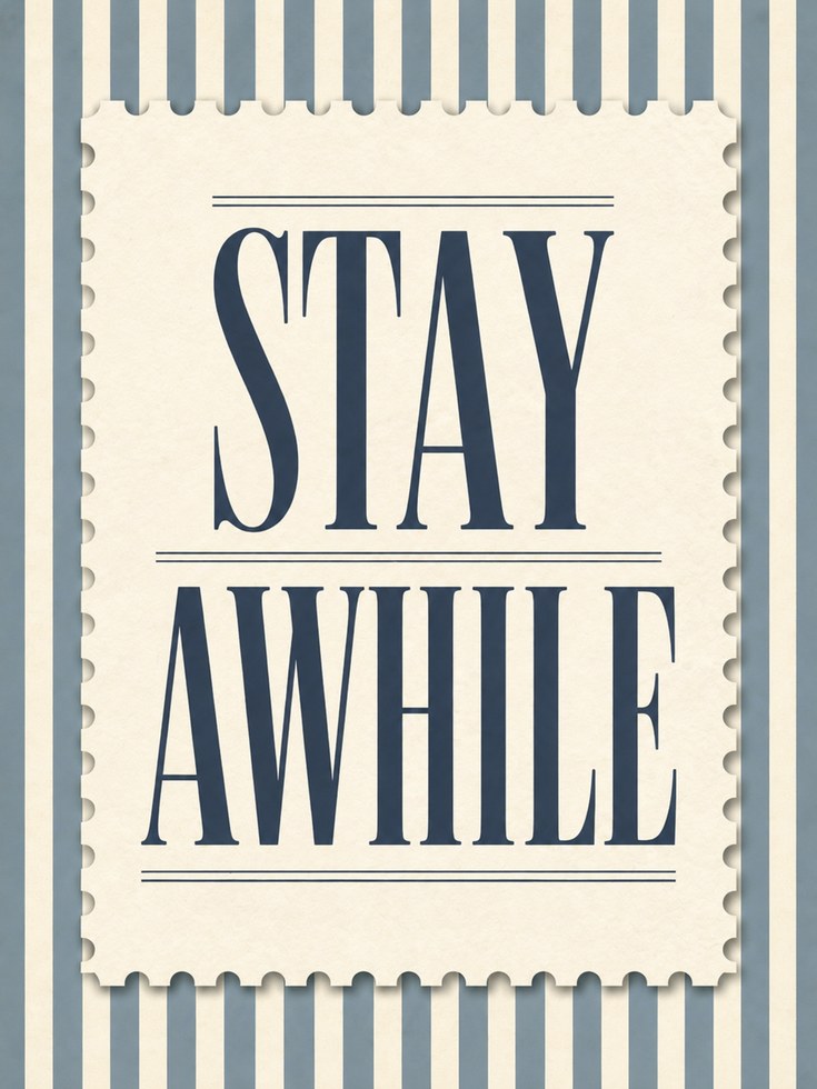 Stay Awhile Typography Poster: Vintage Blue Stripe Wall Art - artwork on paper