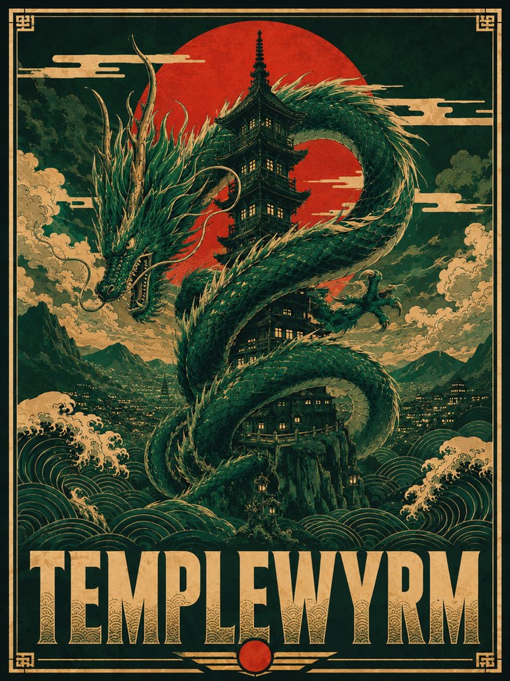 Dragon Pagoda Wall Art: Vintage Japanese Poster - artwork on paper