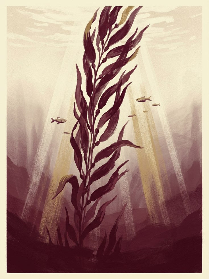 Underwater Kelp Forest Art Print: Burgundy and Cream Marine Scene - artwork on paper