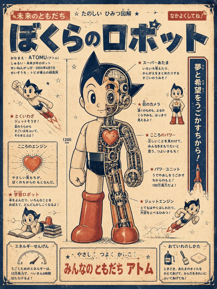 Retro Japanese Robot Poster: Vintage Anime Astro Boy Style - artwork on paper