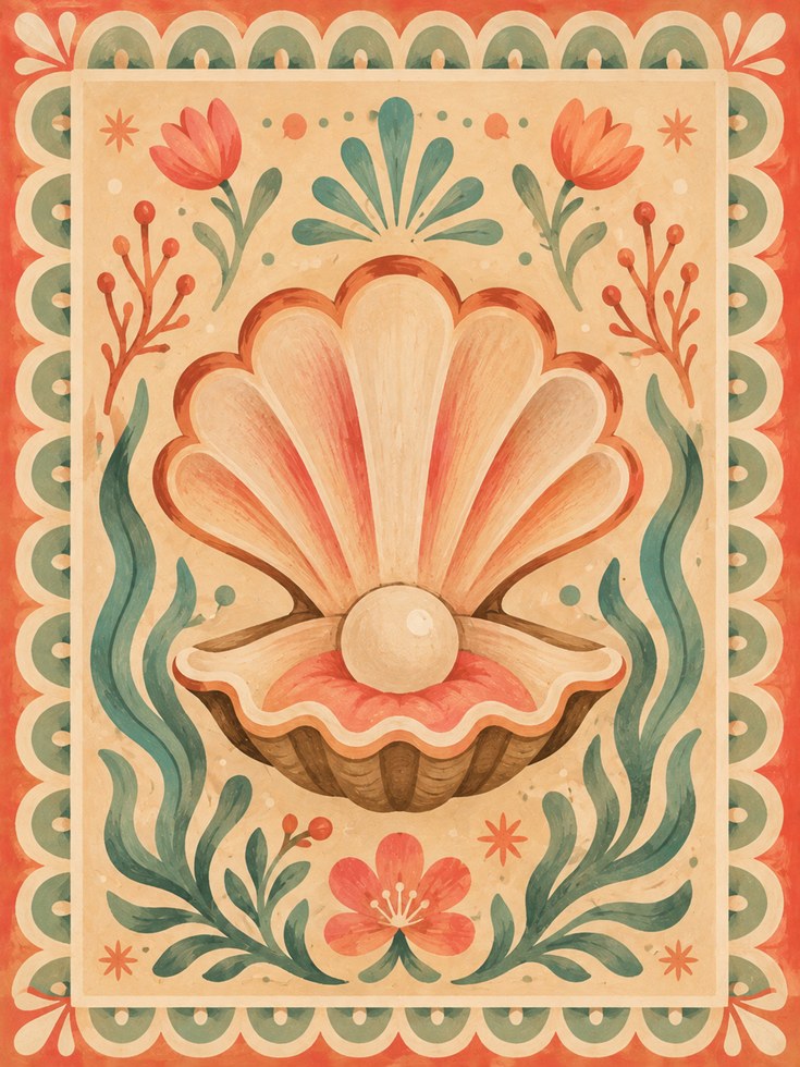 Folk Art Shell Print – Vintage Botanical Wall Art - artwork on paper