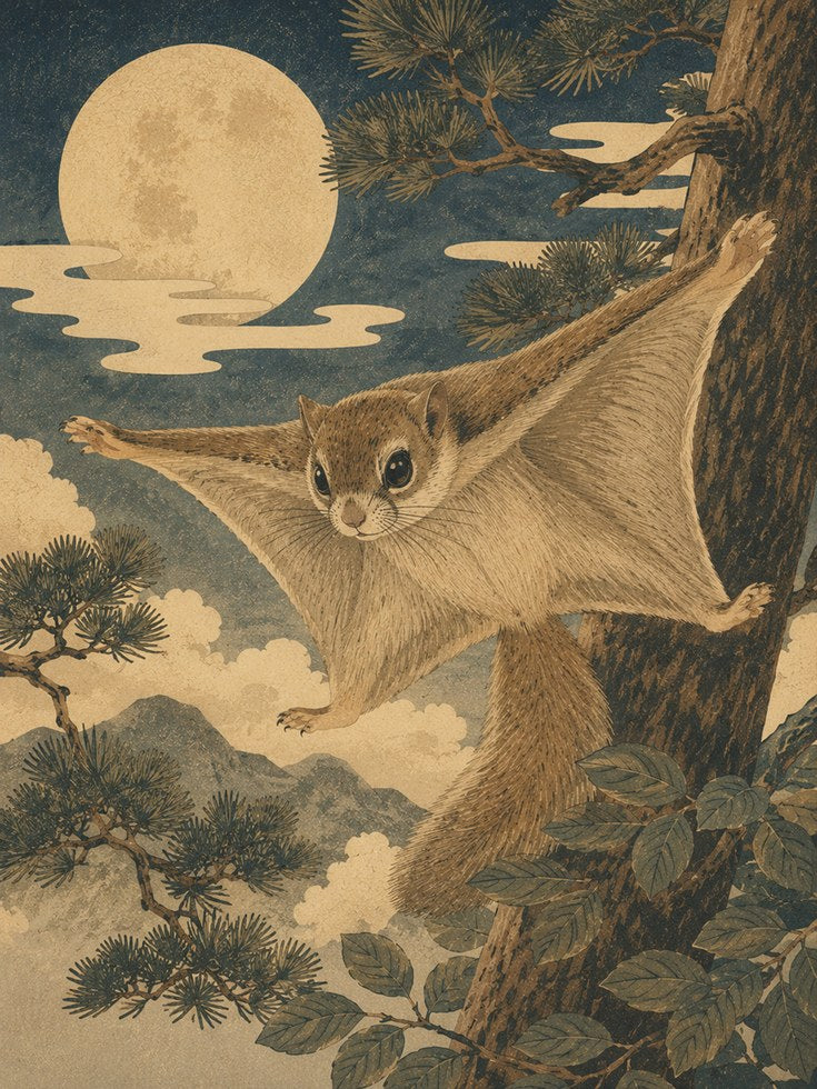 Flying Squirrel Japanese Art Print - artwork on paper