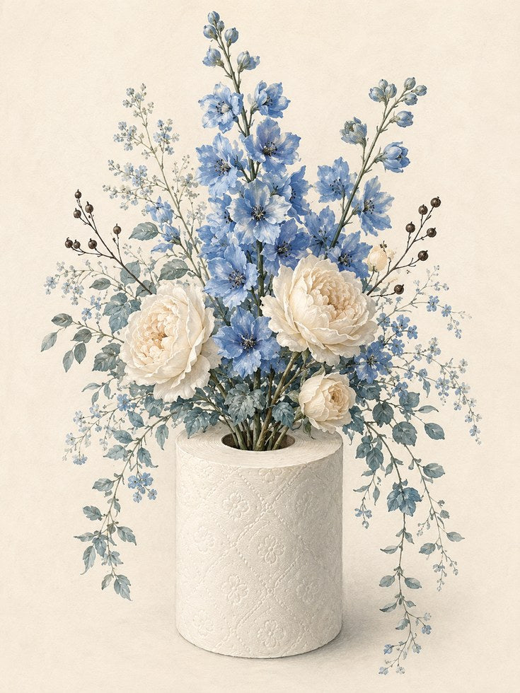 Blue Delphinium White Roses Art Print: Soft Botanical Floral - artwork on paper