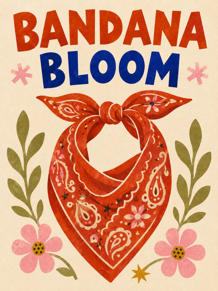 Bandana Bloom Folk Art Print: Red Paisley Floral Design - artwork on paper