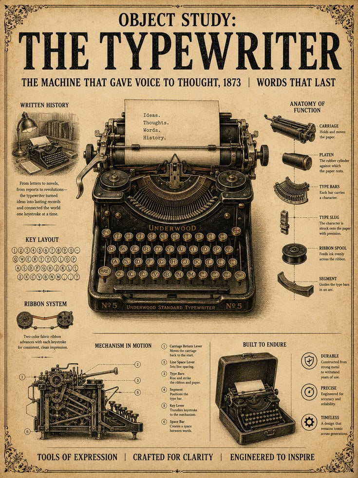 Vintage Typewriter Blueprint Poster: Victorian Technical Diagram - artwork on paper