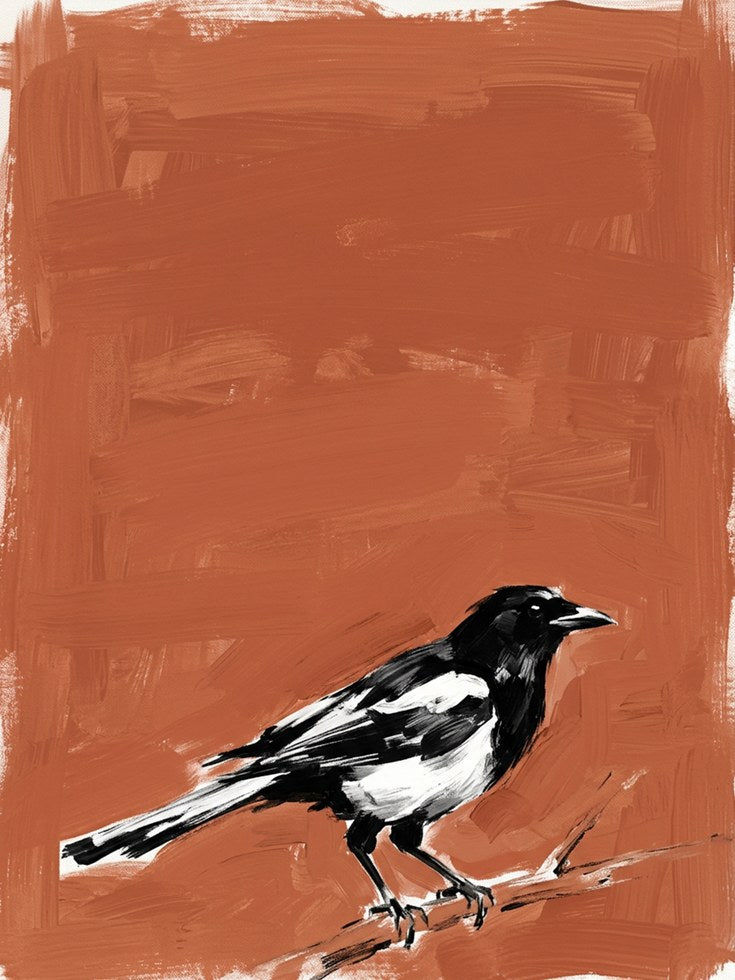 Magpie Bird Art Print: Black and White on Terracotta Background - artwork on paper