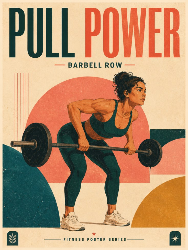 Barbell Row Fitness Poster: Retro Gym Art Print - artwork on paper